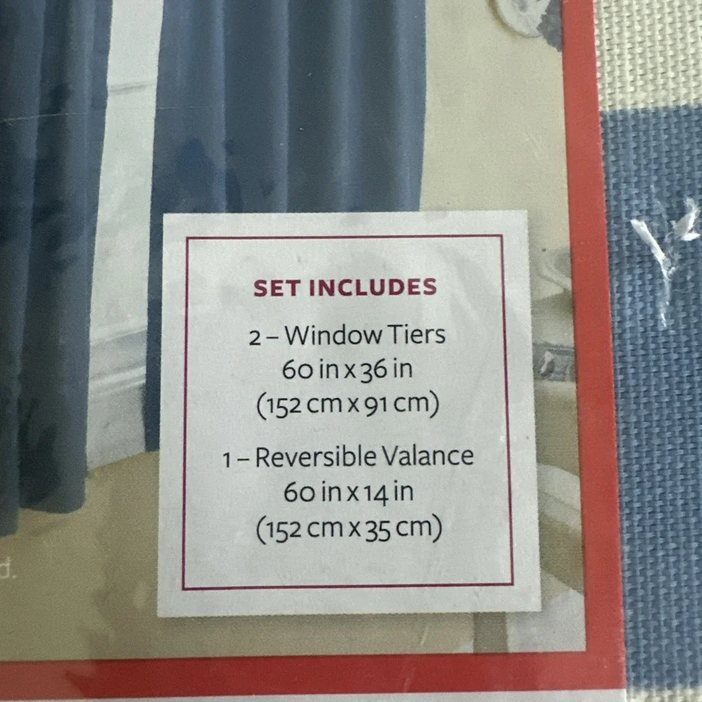 NOS 3 Pc. Better Homes & Gardens Kitchen Curtain Set Checks n Solids Blue Denim